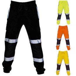 Men Road Work High Visibility Overalls Casual Pocket Work Cycling Trouser Pants Men's Reflective Training Sports Pants H1223