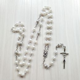 Vintage Jesus Cross Rosary Necklace White Acrylic Long Religious Necklace Pray Jewellery