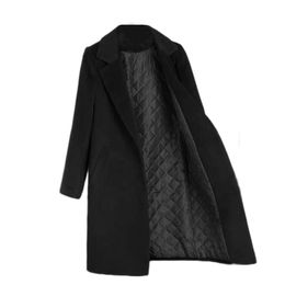 Black Coat Women Button Pockets V-Neck Double Breasted Loose Solid Long Wool Coat Fashion Woman Coats Winter Plus Size 201027