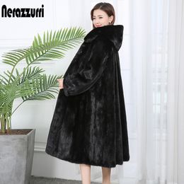 Nerazzurri Winter black long faux fur coat with hood long sleeve Black plus size skirted fake mink fur coats Overcoat women 7xl 201212