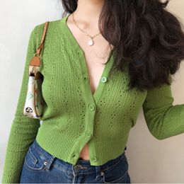 Women Button Through Crop Pointelle Knit Cardigan Open Stitch Knit Cardigans 210218