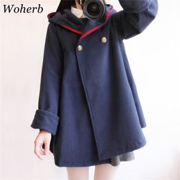 Woherb Japanese Harajuku Winter Coat Women Thick Loose Hooded Cloak Outwear Wool Coats Ladies Cape Femme 20408 201210