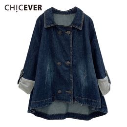 CHICEVER Korean Patchwork Hit Colour Women's Denim Jacket Lapel Collar Long Sleeve Oversize Asymmetric Coats Female Clothes 201026