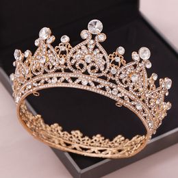 Headpieces Gold Colour Big Round Crowns Tiara Crown Crystal Heart Wedding Hair Accessories Queen Princess Diadem Bridal Ornaments