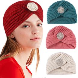 Pearls Knitted Turban Women Autumn Winter Knot Bandana Turban Foldable Bonnet Hat Solid Color Headwrap Headscarf