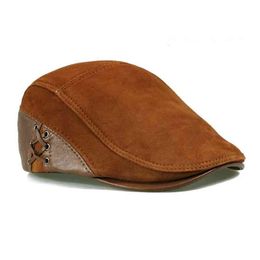 Fashion European Style Genuine Leather Caps Beret Man Casual Sheepskin Suede Black/Brown Fitted Duckbill Hats Male Boina