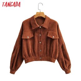 Tangada women short bomber jacket corduroy female long sleeve buttons ladies oversized jackets outwear 1F173 201029