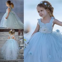 Light Blue Princess Flower Girls Dresses Ruched Tulle First Communion Dress Cute Lace Appliqued Sleeveless Custom Made Kids Pageant Dress