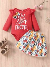 Baby Floral & Letter Graphic Bow Ruffle Trim Bodysuit & Skirt SHE