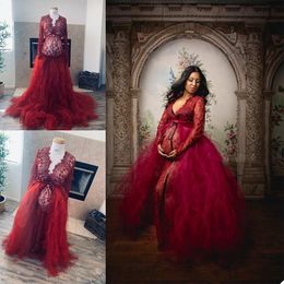 Red Lace Custom Made Maternity Women Dresses V Neck Long Sleeve Sleepwear Robes Party Prom Gowns For Photo Shoot