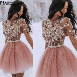 2020 Short Homecoming Dresses Pearls Beaded Handmade Flower Long Sleeves Prom Dresses Cocktail Dress graceful party dress