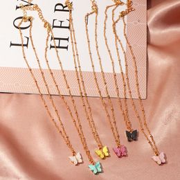 Colorful Butterfly Pendant Necklace Gold Chains For Women Simple Temperament Resin Stone Druzy Necklaces Jewelry Gifts Wholesale DHL Free