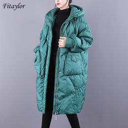 Fitaylor Winter Loose Hooded Long Jacket Women 90% White Duck Down Coat Hight Quality Bread Parka Thick Warm Splicing Outwear 201023