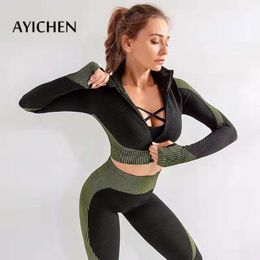 AYICHEN Seamless Yoga Women Set Fitness Sports Suit GYM Clothes Long Sleeve zipper Top High Waist Running Leggings Workout Pants T200115