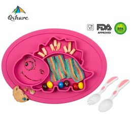 Qshare Baby Plate Spoon Set Dishes Silicone Infant Bowl Plate Tableware Kids Food Holder Tray Children Placemat baby feeding set LJ201019