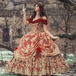 -Gothic Red Gold Ballkleid Prom Kleid 2021off Schulter mittelalterlich viktorianische Quinceanera Kleid Corset Renaissance Abendkleider Custom214c