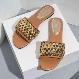 Slippers Luxury Weave Flat for Women Shoes Bling Design s Summer Home Indoor Fashion Beach Flip Flops Slides 220308