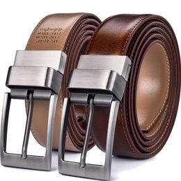 Genuine Leather Men's Belt, Reversible Dress Casual Golf Belt with Rotated Buckle, One Reverse for 2 Colors - 1Pcs