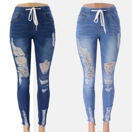 Women Ripped Jeans Elastic Waist Pencil Trousers Skinny Stretch Distressed Hole Boyfriend Jeans Denim Pants Slim