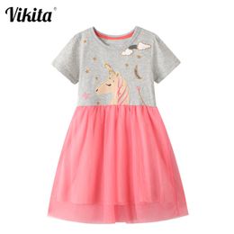 VIKITA Kids Party Dresses for Girls Summer Tutu Frocks Baby Girl Short Sleeve Princess Dresses Children Unicorn Dress 2-7 Years LJ200923