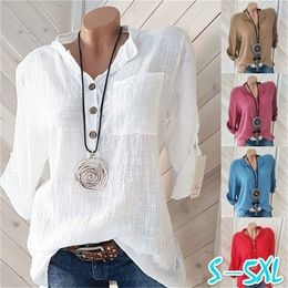 Women Blouses Autumn Shirts Casual Long Sleeve Button V Neck Solid Loose Shirt Lady Tops Cotton Linen Blouse Plus Size 5XL LJ200812