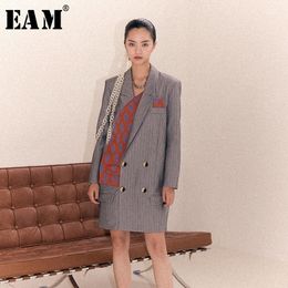 [EAM] Loose Fit Gray Pattern Print Split Joint Long Jacket New Lapel Long Sleeve Women Coat Fashion Spring Autumn 1B902 201106