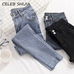 SHIJIA High Waist Skinny Jeans Woman Light Blue Elastic Casual Denim Pencil Pants Woman Mon Double Button Jean Female Korean 201030