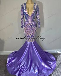 Sexy Prom 2021 Dress for Women V neck Long Sleeves Purple Sequins Evening Party Gowns African Cocktail Dresses