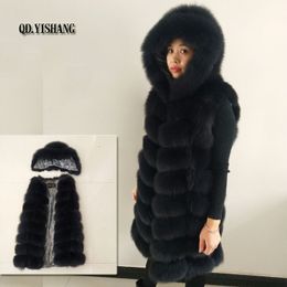 New natural Fox Fur Mid-Long Hooded Lady Vest Cap removable Warm vest QD.YISHANG 201103