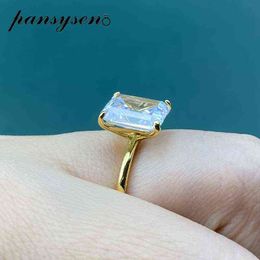 PANSYSEN White Yellow Rose Gold Colour Luxury 8x10MM Emerald Cut AAA Zircon Rings for Women 100% 925 Sterling Silver Fine Jewellery 2225z
