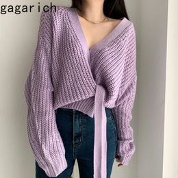 Gagarich Women Elegant Sweater Korean Chic Autumn Purple White V-neck Design Side Lace-up Waist Hugging Thick Knitted Cardigan 201130