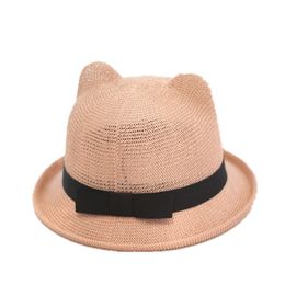 new summer cute ladies with ear plain paper fiber simple sun visor girl bucket cap Cartoon hat Breathable women Y200714