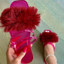 Fur Women Slippers Jelly Shoe Summer Slide Indoor Furry Flat Big Size Fashion Female Woman Fluffy Woman Home Footwear X1020