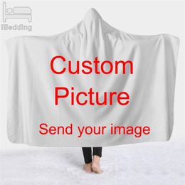 Customise Dropshipping 3D Printed Plush Hooded Blanket for Adults Kid Warm Wearable Fleece Custom Throw Blankets 201222