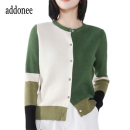Latest Style Female Women's Spring And Autumn Colour Matching Long Sleeve Loose Knitted O-Neck Cardigan Jacket Coat Casual 201111