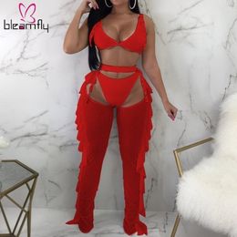 Sexy 3 Piece Set Bra Top Thongs Pearls Ruffle Sheer Mesh Pants Night Club Outfits Fashion Bikini Trousers Suit White Red Outfits