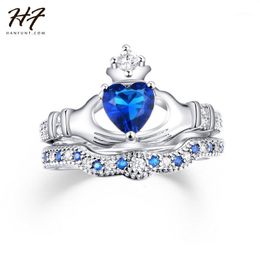 Cluster Rings Wholesale- Exquisite Love Design Crown Hand Heart Clah-Duh Claddagh Ring Set Sliver Colour Blue CZ Crystal For Women R6161