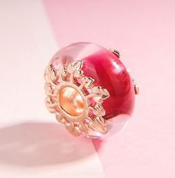 925 Sterling Silver & Rose Gold Plated Pink Murano Glass & Leaves Charm Bead For European Pandora Jewelry Bracelets