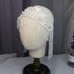 New Bridal Tassel Crystal Headband Beavy Handmade White Sequins Beaded Hair Accessories Cheap Stock Free Shipping