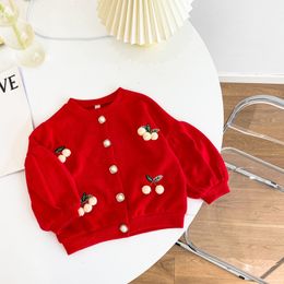 Autumn Children Baby Sweaters Red Plush single-breasted knitting Tops Kids Puff Sleeve Coat Children's Clothing 1-6 Y 201126