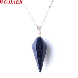 WOJIAER Hexagonal Pyramid Pendant Necklace Natural Blue Sand Gem Stone Reiki Chakra Dangle Beads Jewellery Z9081