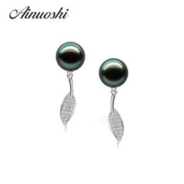 AINUOSH Natural Tahitian Black Pearls 9-9.5mm Round Pearl Drop Earrings 925 Sterling Silver Women Anniversary Drop Earring Gift Y200107