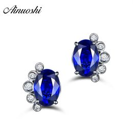 AINOUSHI Cute Foot 2.5 Carat Oval Stud Earring Blue Sona Earrings 925 Sterling Silver Women Earrings Wedding Engagement Jewelry Y200107