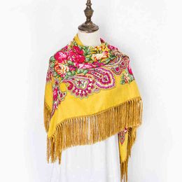 babushka head wrap UK - Russian Pashmina Retro Flower Handkerchief Blanket Shawl Cotton Square Scarf Tassel Winter Head Wraps Ladies Babushka Scarf 211229