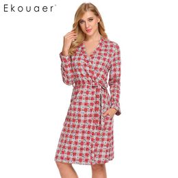 Ekouaer Women Cotton Sleepwear Spring Autumn Robe Kimono Bathrobe Plaid Print Long Sleeve Dressing Gown Female Loungewear LJ200822