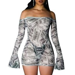 Womens Dollar Slash Neck Dress Woman Flare Sleeve Bodycon Mesh Breathable Sexy Dress Women Slim Blackless Clothes