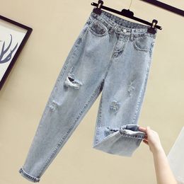 Summer Ripped Jeans Women Clothes Vintage Blue Pants High Waist Fashion Casual Pantalones De Mujer Streetwear Korean Style 210203