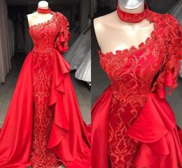Designer Red Evening Dresses Lace Applique One Shoulder Ruffles Sleeveless Custom Made Sheath Prom Party Gown Vestidos Formal Ocn Wear