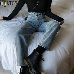 Letter Belt Boyfriend Korean High Waist Jeans Women Streetwear Casual Loose Vintage Jeans Female Plus Size Wide Leg Denim Pants 201223
