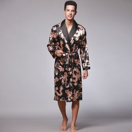 Men Silk Summer and Autumn Satin Kimono Bathrobe Knee Length Long Sleeve Golden Dragon Black Bath Robe Dressing Gown Sleepwear 201023